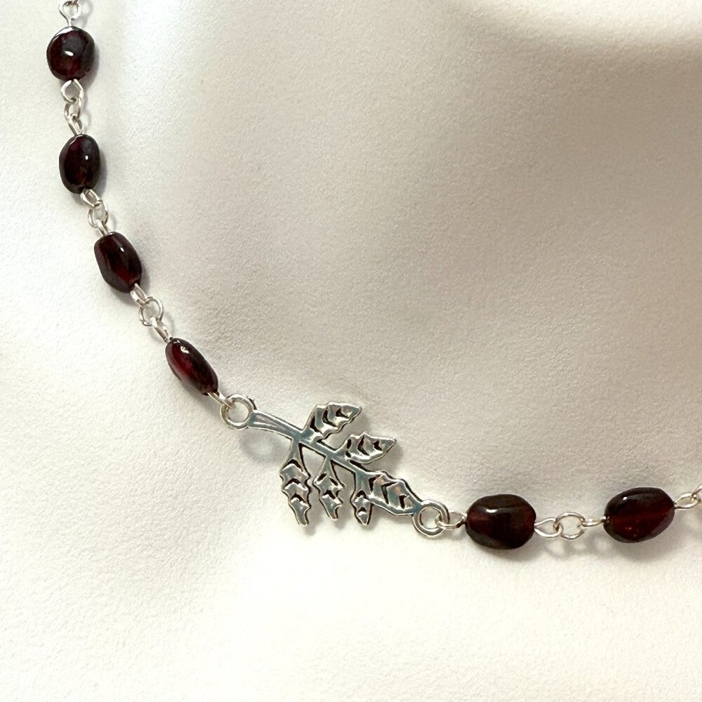 Genuine Garnet Short Necklace, Natural Gemstone w/ Leaf Branch Pendant
